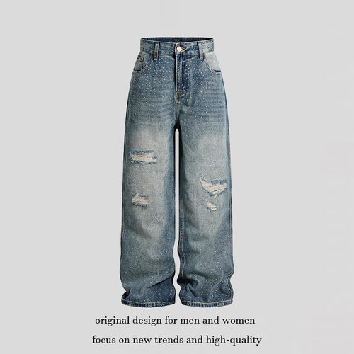 Damen Weite High‑Waist Denim-Palazzo-Jeans mit Destroyed-Details und Strassbesatz Nord Taschen