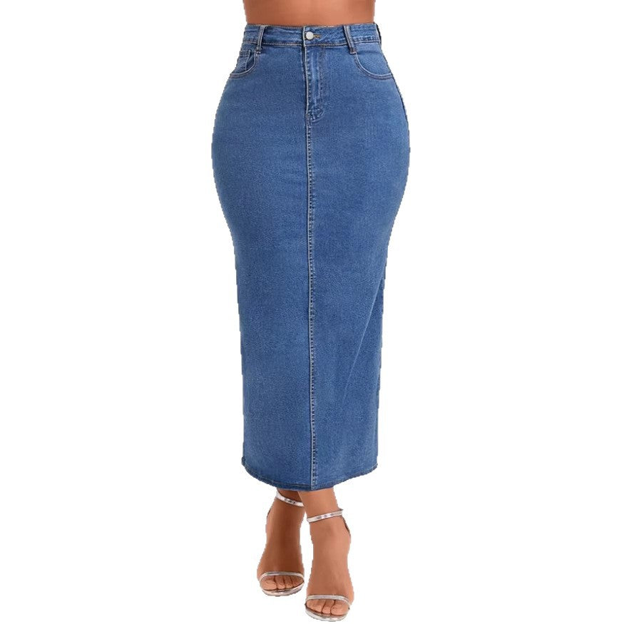 Damen Taillenhoher Stretch-Denim-Midirock mit sichtbarer Mittelnaht und Five-Pocket-Design Nord Taschen