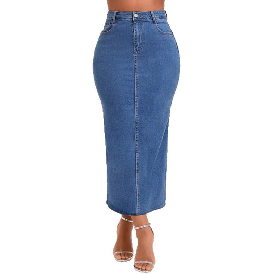 Damen Taillenhoher Stretch-Denim-Midirock mit sichtbarer Mittelnaht und Five-Pocket-Design Nord Taschen