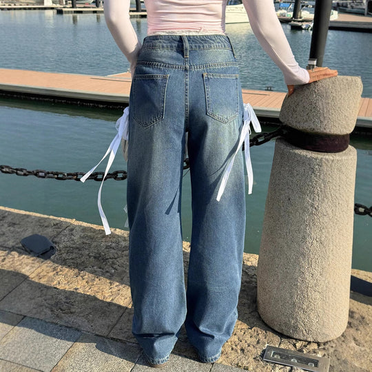 Damen Weite High-Waist Denim-Jeans mit dekorativen Seitenbändern und geradem Bein Nord Taschen