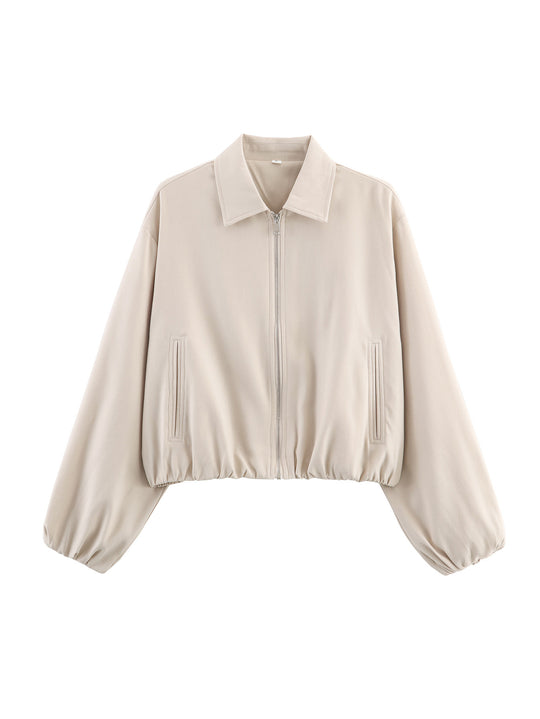 Damen Kurzjacke im Harrington‑Stil mit Polka‑Dot‑Muster, Ballonärmeln und elastischem Saum Nord Taschen