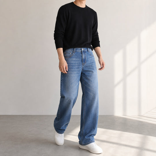 Damen Weite High-Waist-Denimhose mit weitem Bein und Vintage-Waschung Nord Taschen