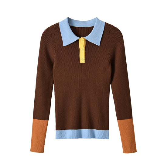 Damen Figurbetonter Rippstrick-Pullover mit Polokragen, Knopfleiste und Colorblock-Details Nord Taschen