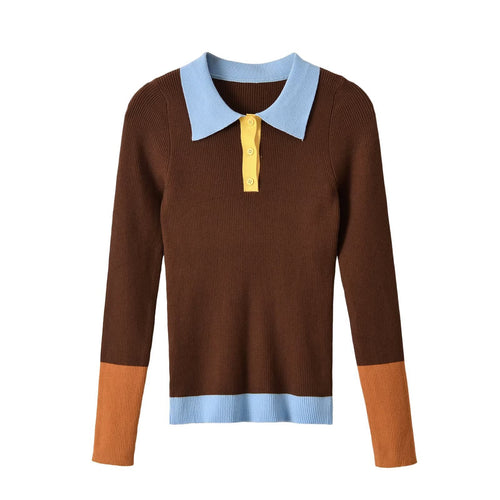 Damen Figurbetonter Rippstrick-Pullover mit Polokragen, Knopfleiste und Colorblock-Details Nord Taschen