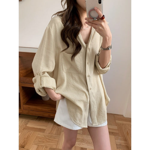 Damen Lässiges Leinenoptik-Longshirt mit Oversize-Schnitt und Brusttasche Nord Taschen