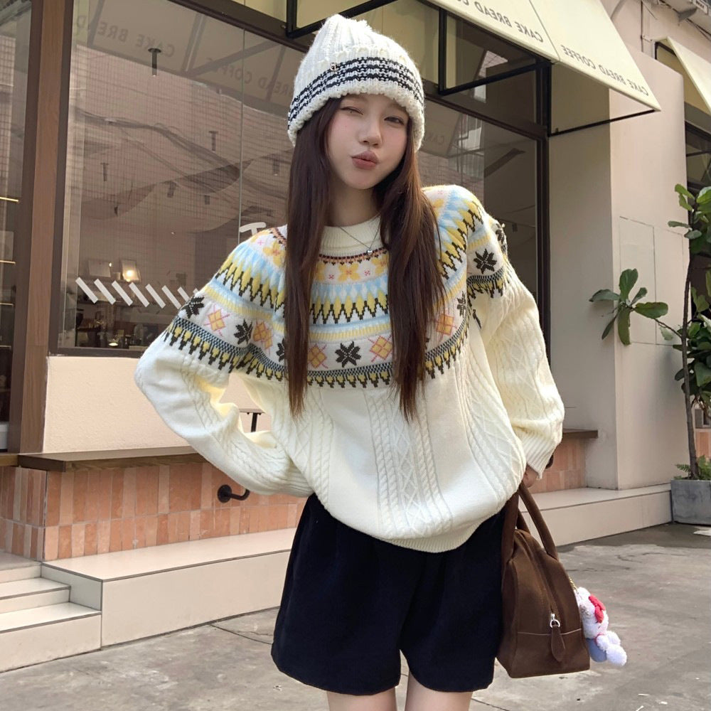 Damen Modischer Grobstrickpullover mit Norweger-Muster Nord Taschen