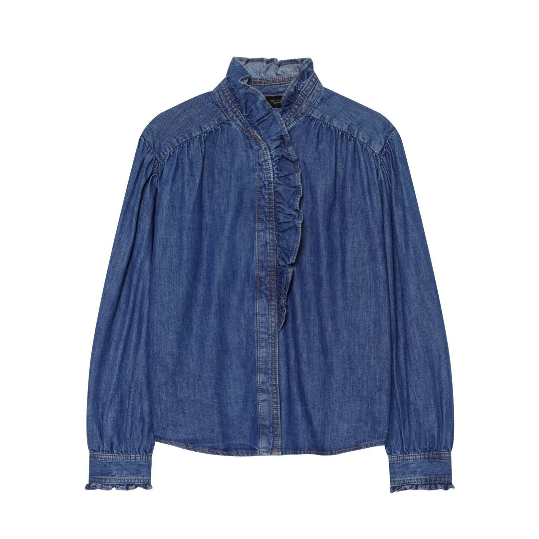 Damen Weiche Denim-Tunika mit Rüschenblende, Stehkragen und Ballonärmeln Nord Taschen