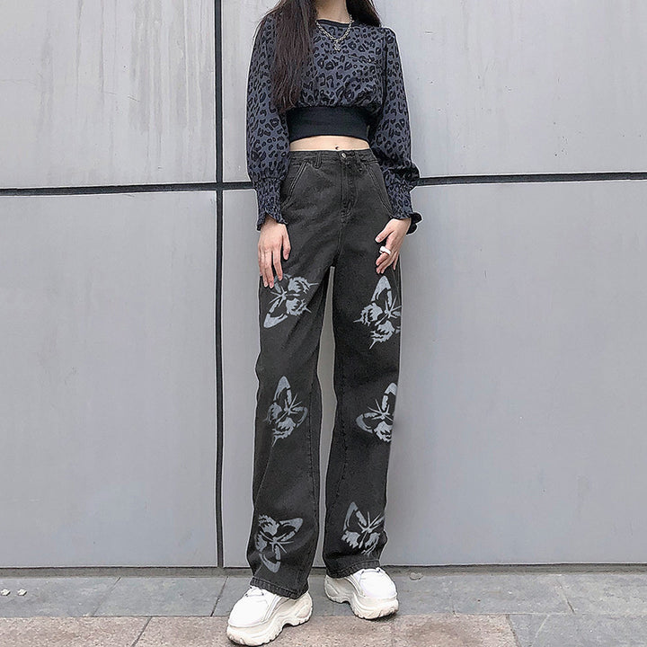 Damen weite High-Waist-Jeans mit Gothic-Schmetterlingsprint und entspanntem Straight-Leg Nord Taschen