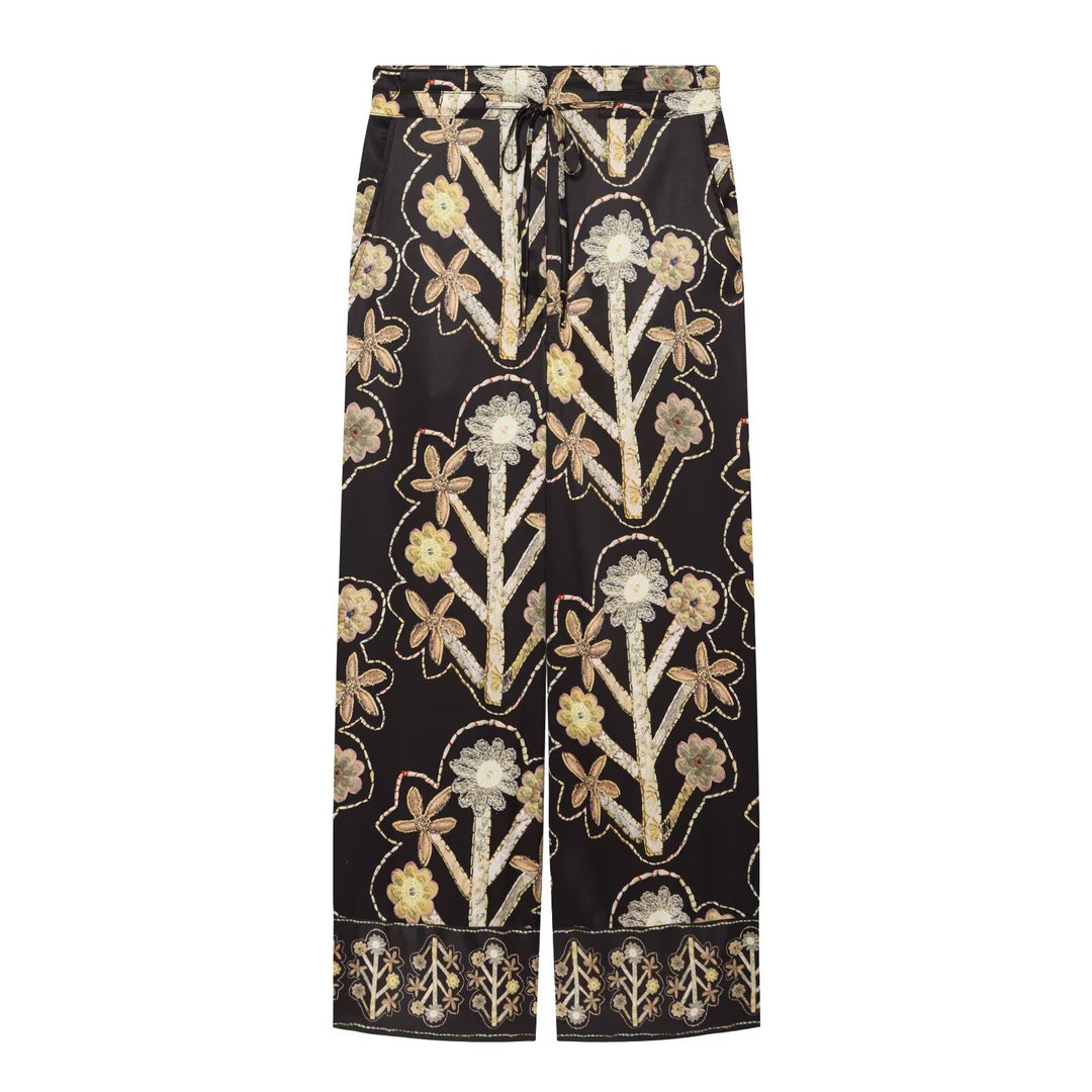 Damen Weite Satin-Hose mit floraler Stickerei, Tunnelzug und Bordürensaum Nord Taschen