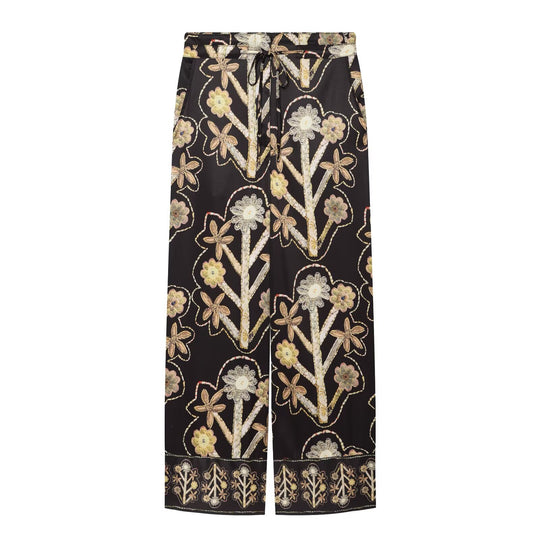 Damen Weite Satin-Hose mit floraler Stickerei, Tunnelzug und Bordürensaum Nord Taschen