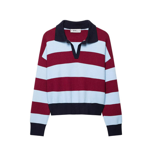 Damen Gestreifter Rugby-Pullover mit Polokragen und V-Ausschnitt Nord Taschen