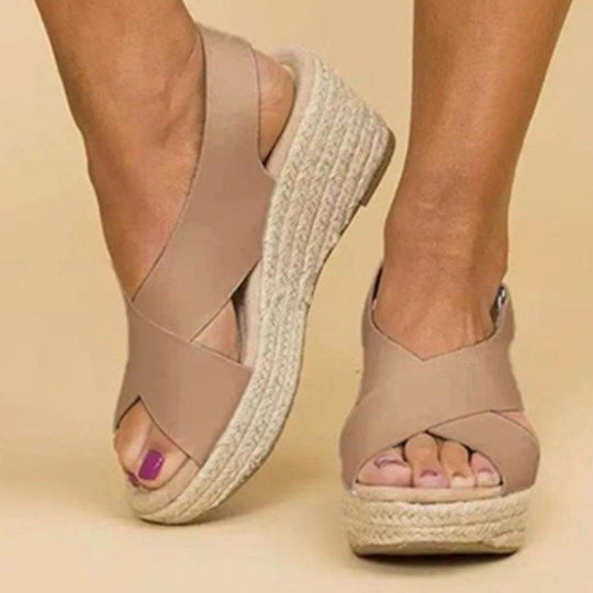 Damen Wedge-Sandalen mit Cross-Over-Riemen und juteumrandeter Sohle