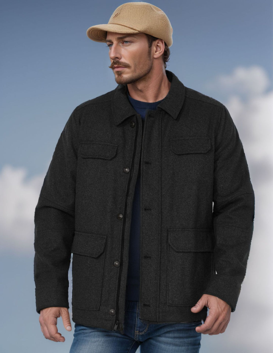 Herren Woll-Fieldjacke mit vier Pattentaschen und Hemdkragen Nord Taschen