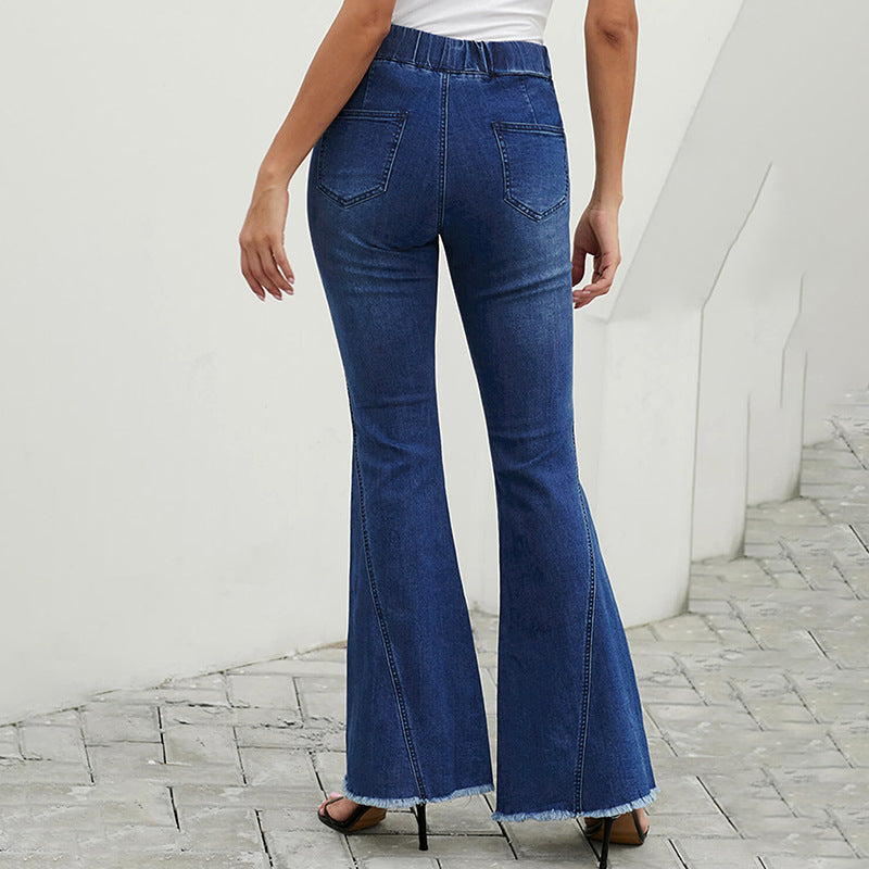 Damen hochtaillierte ausgestellte Denim-Hose mit elastischem Tunnelzugbund, Ziernähten und rohem Saum Nord Taschen