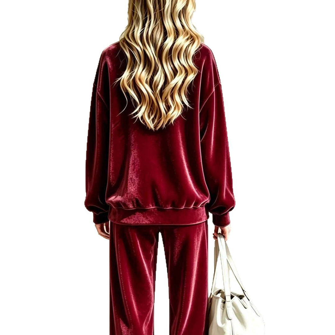 Damen Weiches Velours-Loungewear-Set mit weitem Bein und Rundhalsausschnitt Nord Taschen