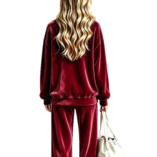 Damen Weiches Velours-Loungewear-Set mit weitem Bein und Rundhalsausschnitt Nord Taschen