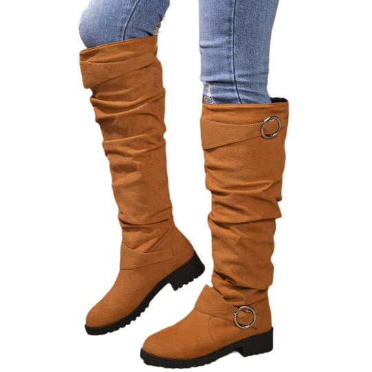 Damen kniehohe Slouch-Stiefel aus Wildlederoptik mit dekorativer Schnalle und rutschfester Profilsohle Nord Taschen