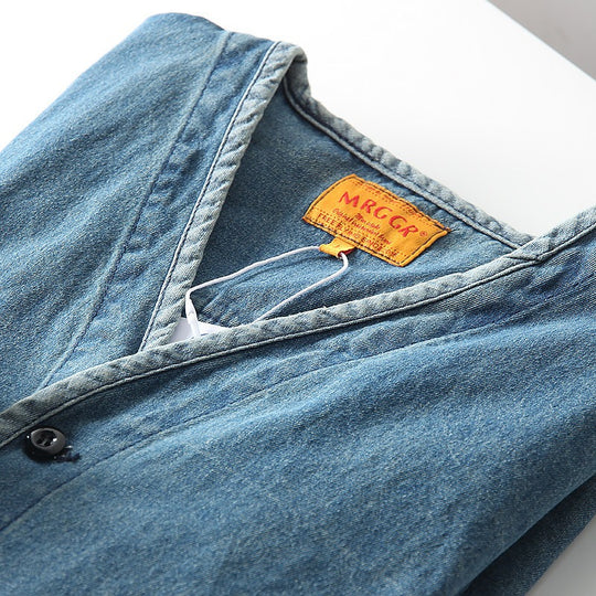 Herren Leichtes Jeans-Sakko im Overshirt-Stil mit V‑Ausschnitt und aufgesetzten Taschen Nord Taschen