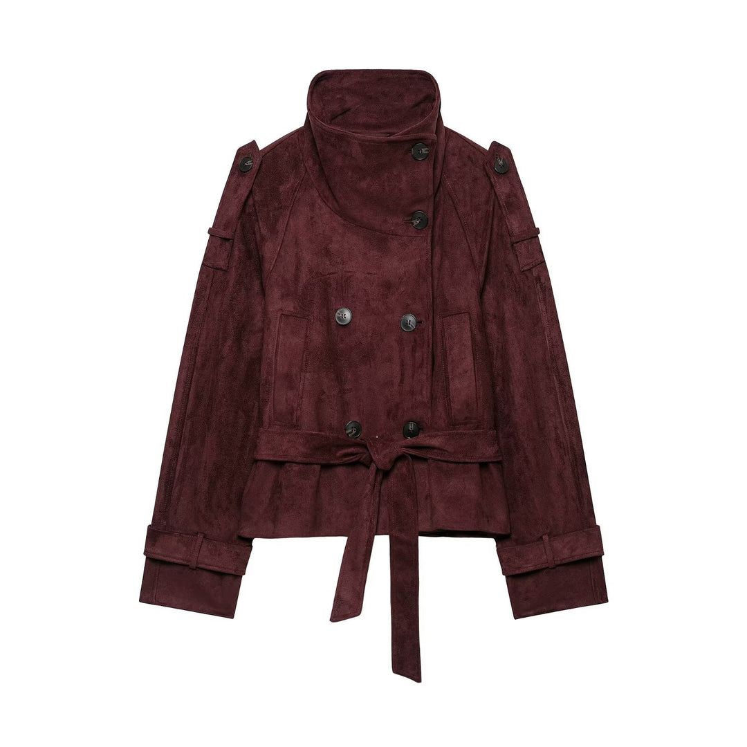 Damen Kurze Trenchjacke aus Veloursoptik mit hohem Stehkragen und Bindegürtel Nord Taschen