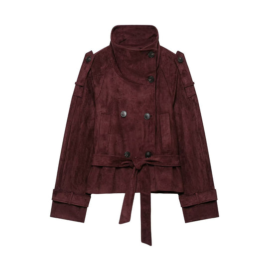 Damen Kurze Trenchjacke aus Veloursoptik mit hohem Stehkragen und Bindegürtel Nord Taschen