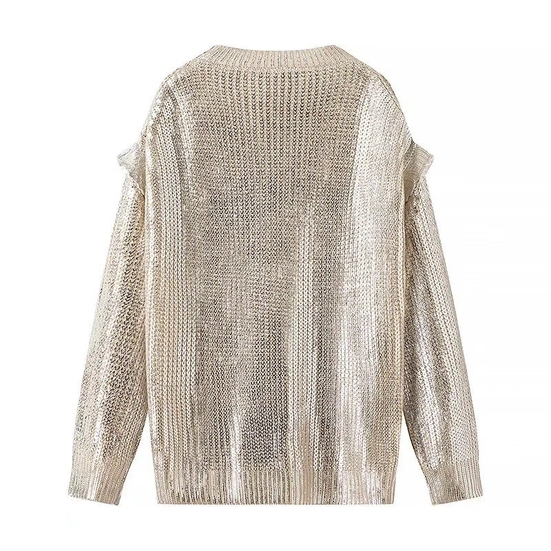 Damen Glänzender Oversize-Strickpullover mit Schulter-Cutouts Nord Taschen