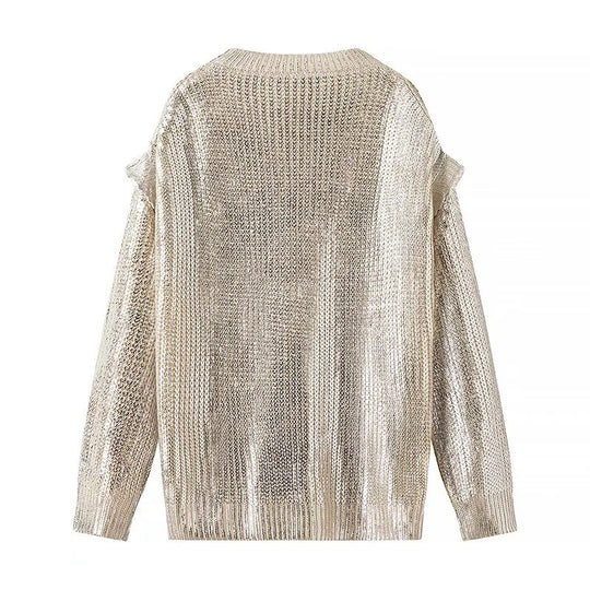 Damen Glänzender Oversize-Strickpullover mit Schulter-Cutouts Nord Taschen