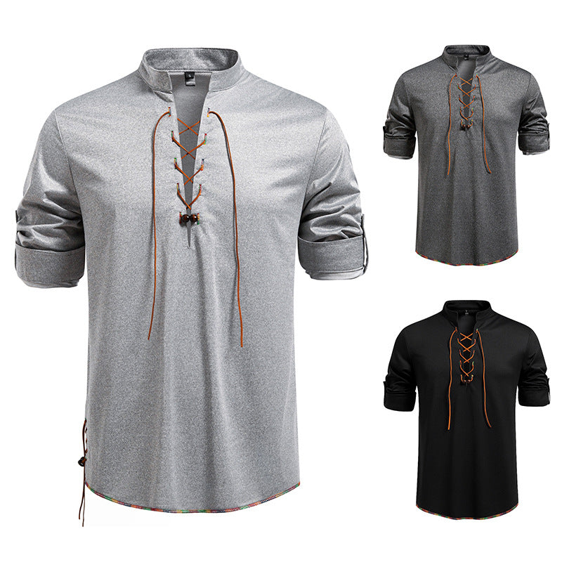 Herren Lässiges Baumwoll-Langarmshirt mit Schnürung, Stehkragen und aufkrempelbaren Ärmeln Nord Taschen