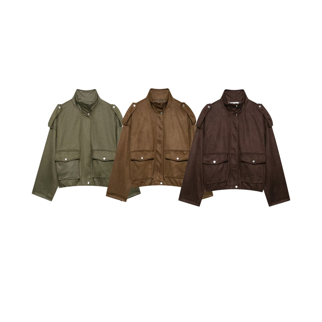 Damen Cropped Field-Jacke in Wildlederoptik mit Stehkragen, Schulterklappen und großen Pattentaschen Nord Taschen