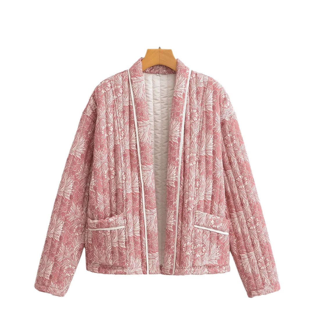 Damen Leichte gesteppte Jacke im Kimono-Stil mit floralem Blockdruck und Kontrastpaspel Nord Taschen