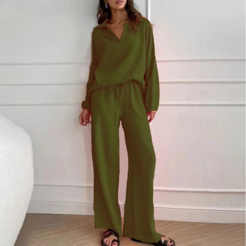 Damen Leichtes Crinkle-Lounge-Set mit V-Ausschnitt und weiter High-Waist-Hose Nord Taschen
