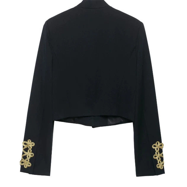 Damen Taillierter Cropped Militärblazer mit Stehkragen und goldverzierten Epauletten Nord Taschen