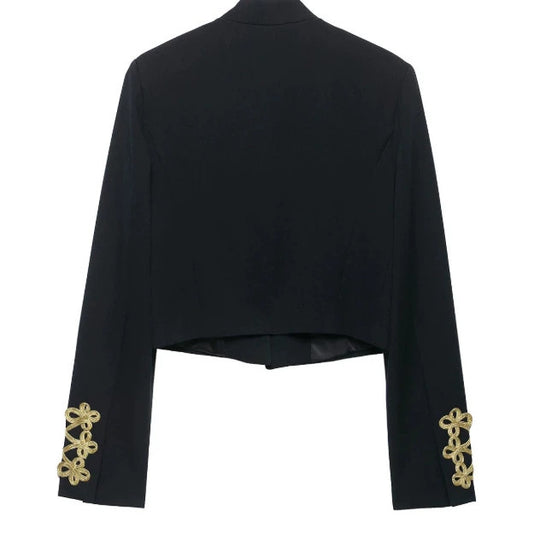 Damen Taillierter Cropped Militärblazer mit Stehkragen und goldverzierten Epauletten Nord Taschen