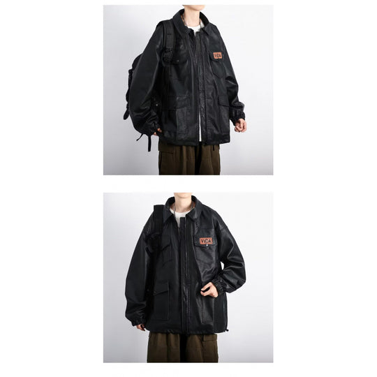 Unisex Oversized Utility Lederimitat Jacke mit Mehreren Klappentaschen Nord Taschen