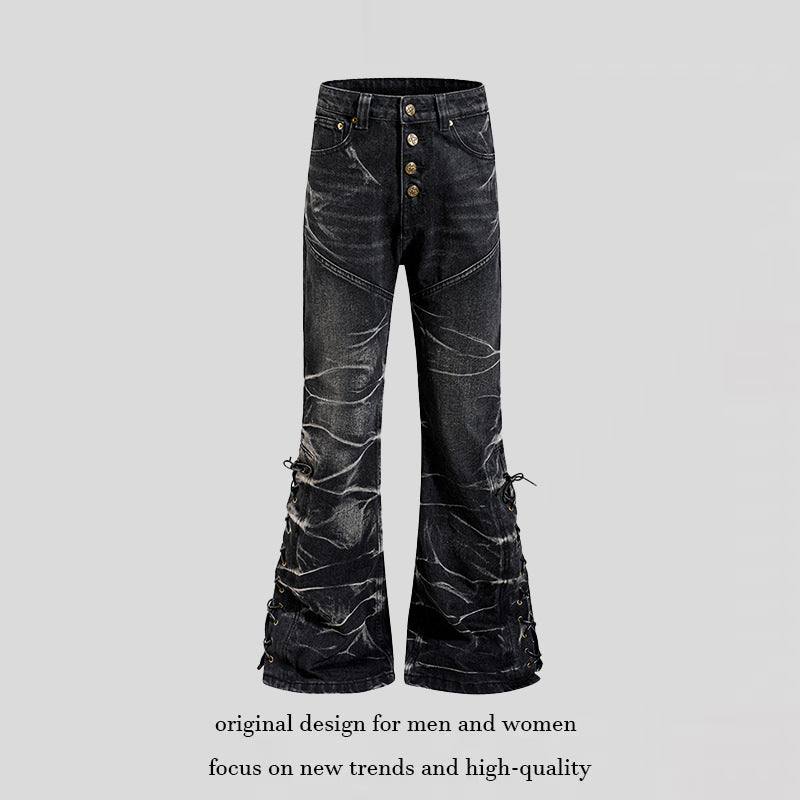 Damen hochgeschnittene ausgestellte Jeanshose mit Knopfleiste und seitlichen Schnürungen Nord Taschen