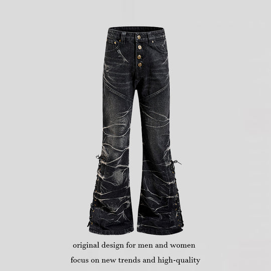 Damen hochgeschnittene ausgestellte Jeanshose mit Knopfleiste und seitlichen Schnürungen Nord Taschen