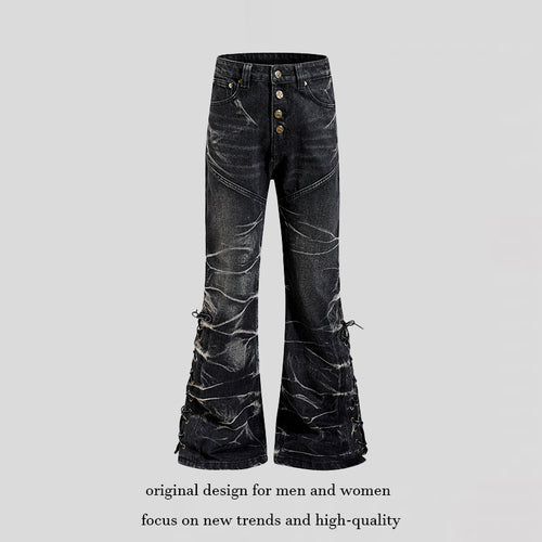 Damen hochgeschnittene ausgestellte Jeanshose mit Knopfleiste und seitlichen Schnürungen Nord Taschen