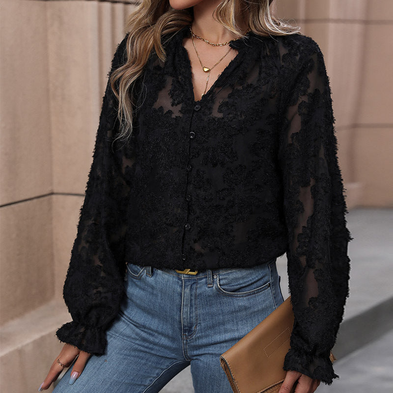 Damen Transparente Bluse mit floraler Chenille-Applikation, Knopfleiste und Rüschenmanschetten Nord Taschen