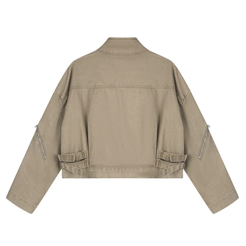 Damen Cropped Utility-Jacke mit Stehkragen, Mehrfachtaschen und Reißverschlussärmeln Nord Taschen