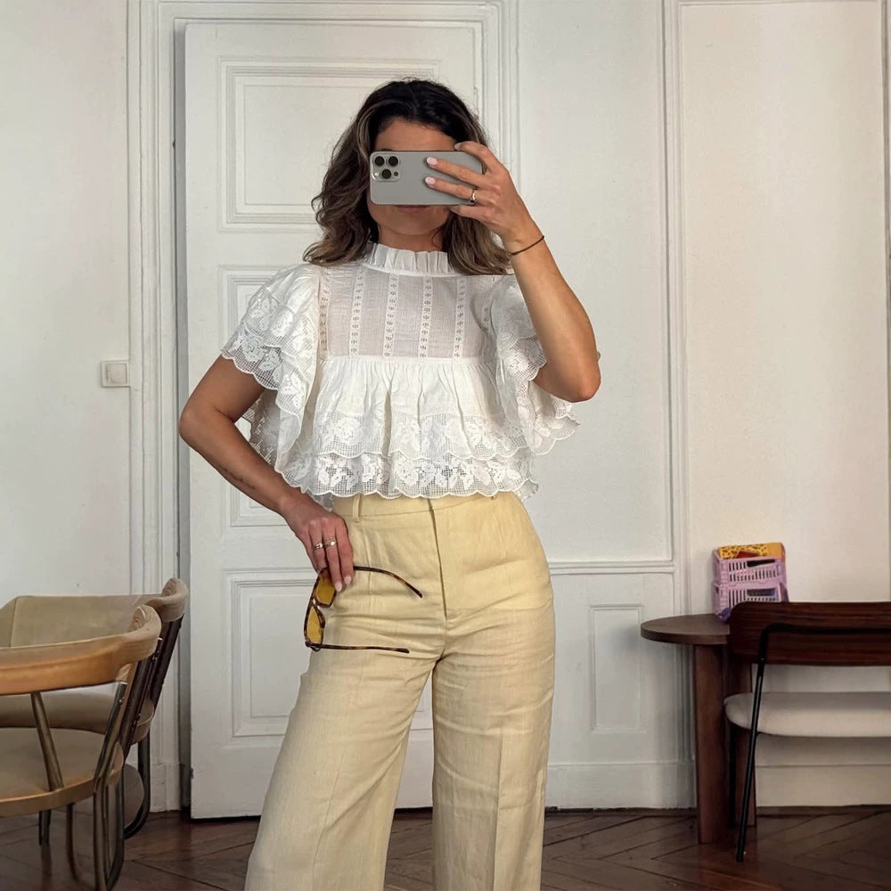 Damen Spitzenbluse im Cropped-Volantstil mit Stehkragen und Lagenrüschen Nord Taschen