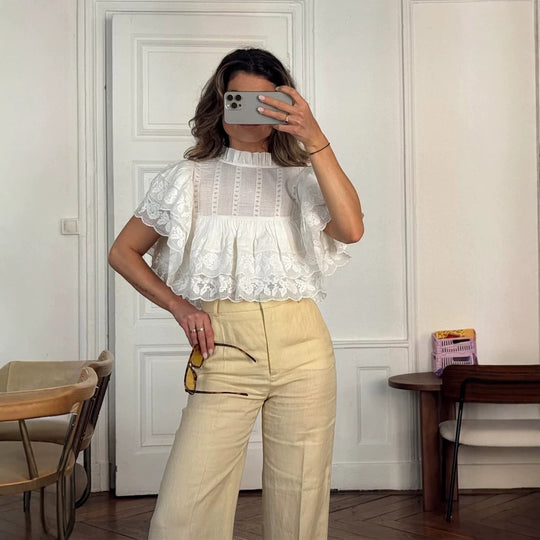 Damen Spitzenbluse im Cropped-Volantstil mit Stehkragen und Lagenrüschen Nord Taschen