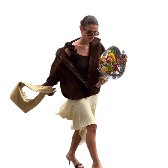 Damen Kurz geschnittener Veloursleder-Blouson mit hohem Stehkragen, kastiger Oversize‑Silhouette und verdecktem Reißverschluss Nord Taschen