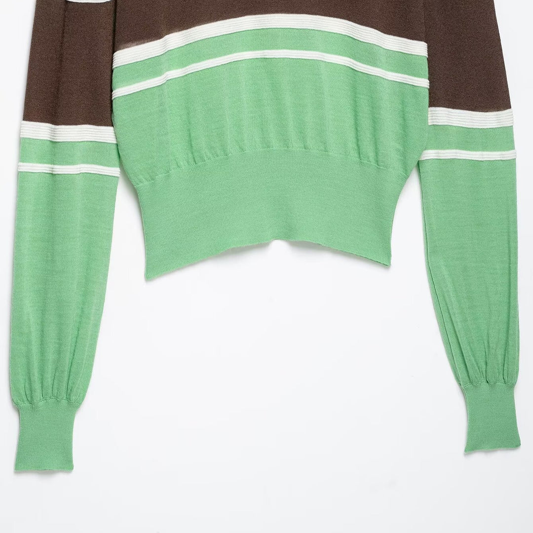 Damen Cropped Poloshirt-Strickpullover mit Rugby‑Streifen, Hemdkragen und geripptem Saum Nord Taschen