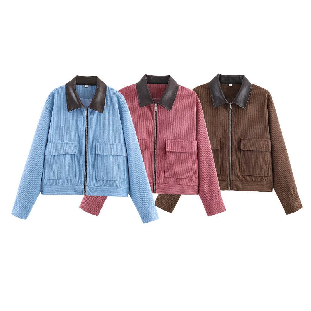 Damen Cropped-Kord-Strickjacke mit markanter Rippenstruktur, Kunstleder-Umlegekragen und Pattentaschen Nord Taschen