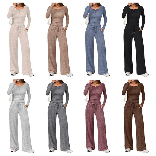 Damen Zweiteiliges Feinstrick-Lounge-Set mit Henley-Top und Palazzo-Hose Nord Taschen
