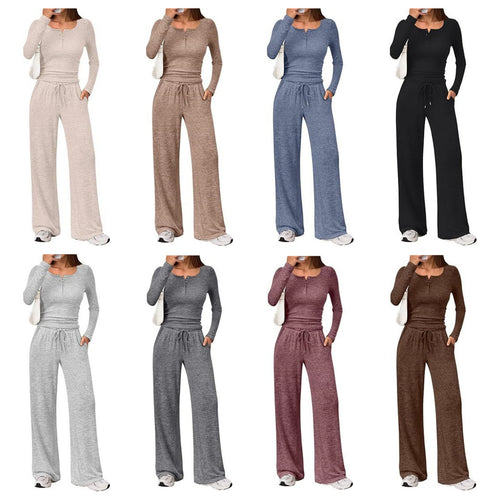 Damen Zweiteiliges Feinstrick-Lounge-Set mit Henley-Top und Palazzo-Hose Nord Taschen