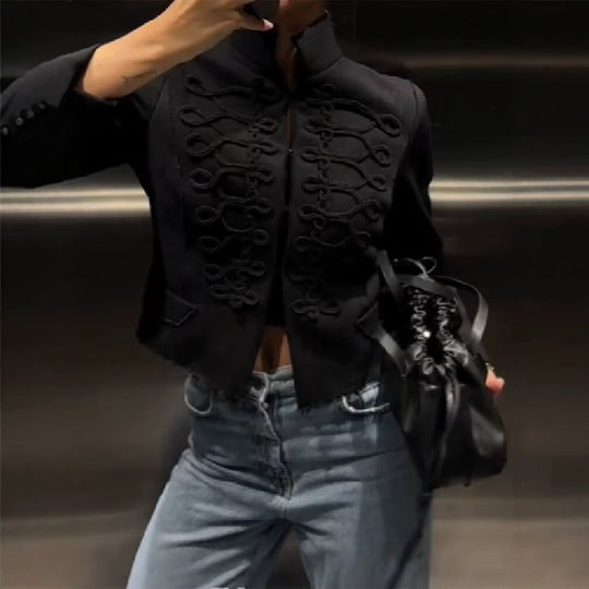 Damen Kurze militärisch inspirierte Jacke mit Zierkordeln und fransigem Saum Nord Taschen