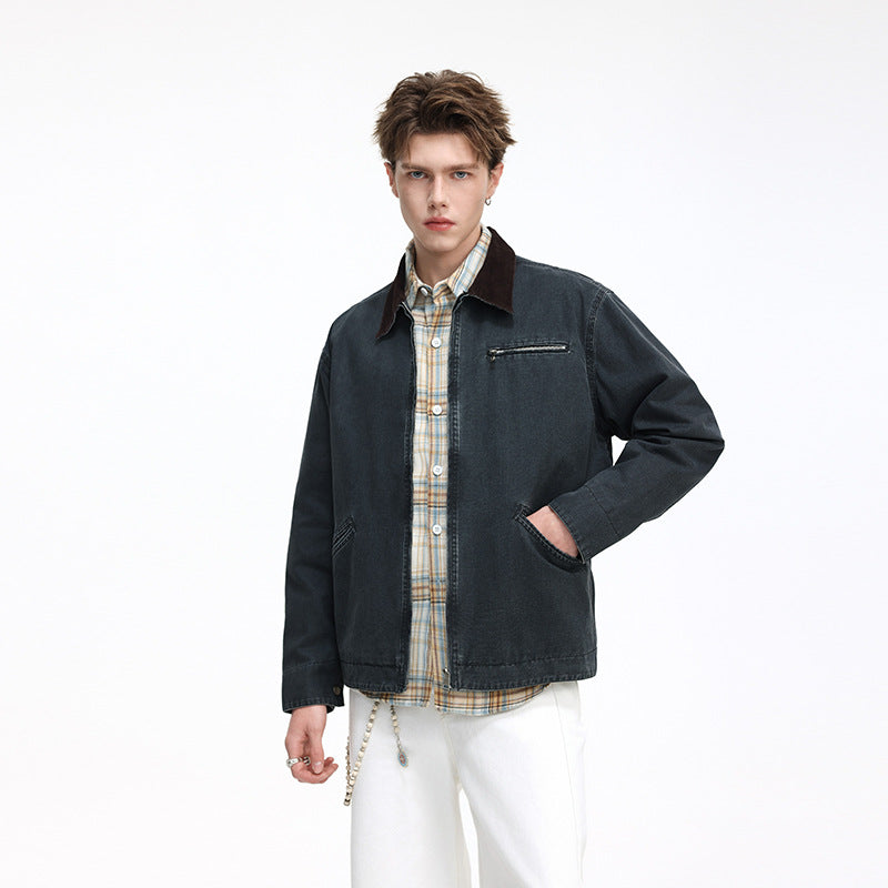 Herren Freizeitjacke aus gewaschenem Baumwollcanvas mit Cordkragen und Reißverschluss-Tasche Nord Taschen
