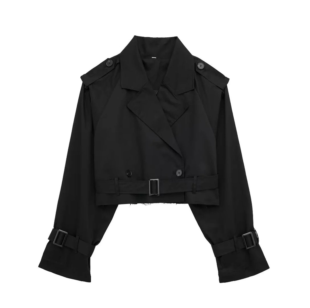 Damen kurzgeschnittene Trenchjacke mit Epauletten, Taillengürtel und verstellbaren Manschetten Nord Taschen