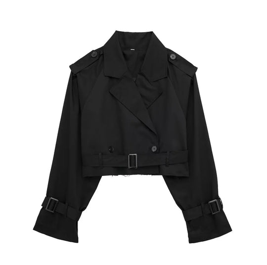 Damen kurzgeschnittene Trenchjacke mit Epauletten, Taillengürtel und verstellbaren Manschetten Nord Taschen