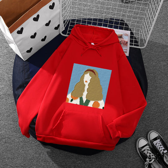 Damen nan Kapuzenpullover mit kunstvoller Chenille-Stickerei im Portraitstil und Kängurutasche Nord Taschen